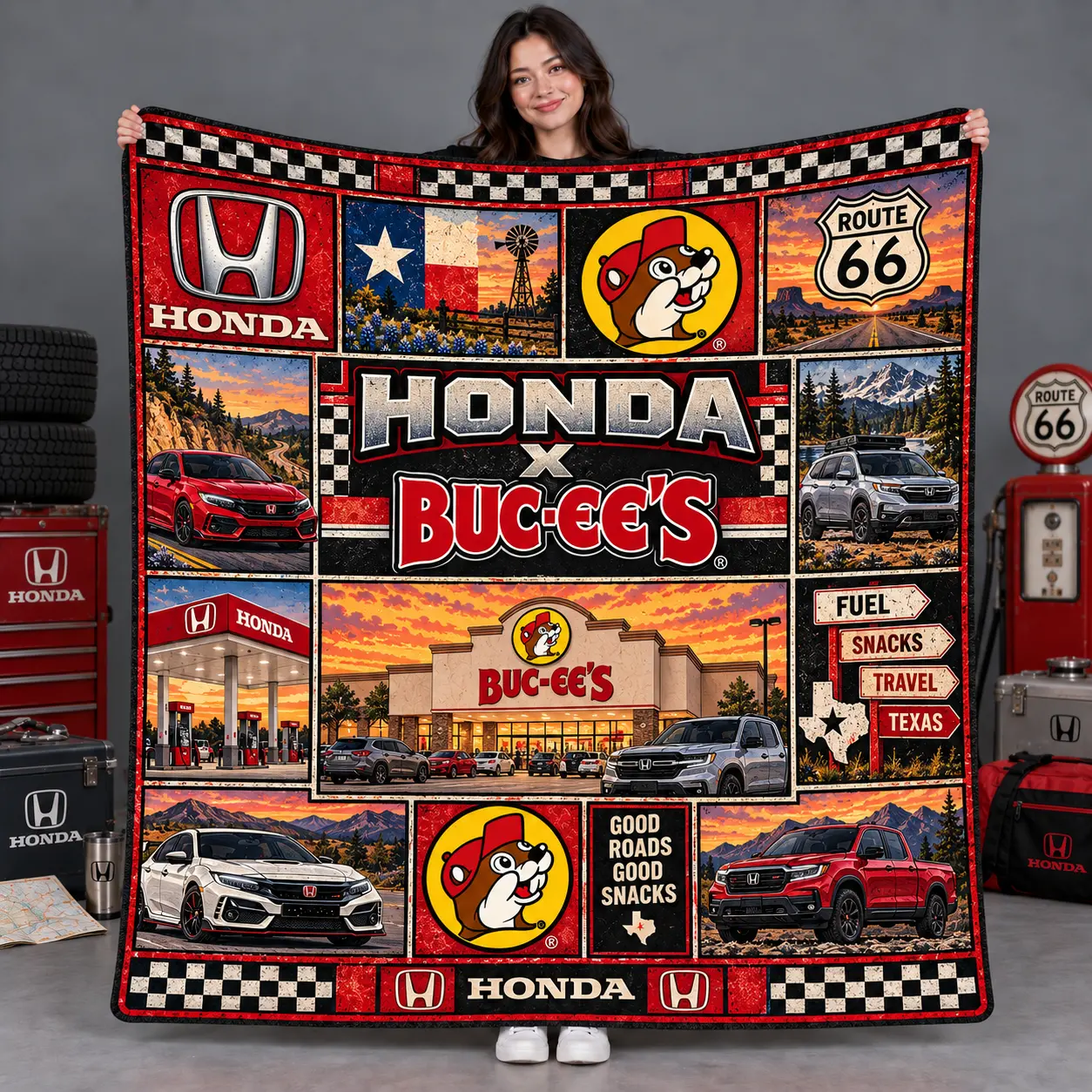 Buc-ee's Honda Sunset Cars Texas Flag Fleece Blanket For Route 66 Road Trip Fans NDN flat