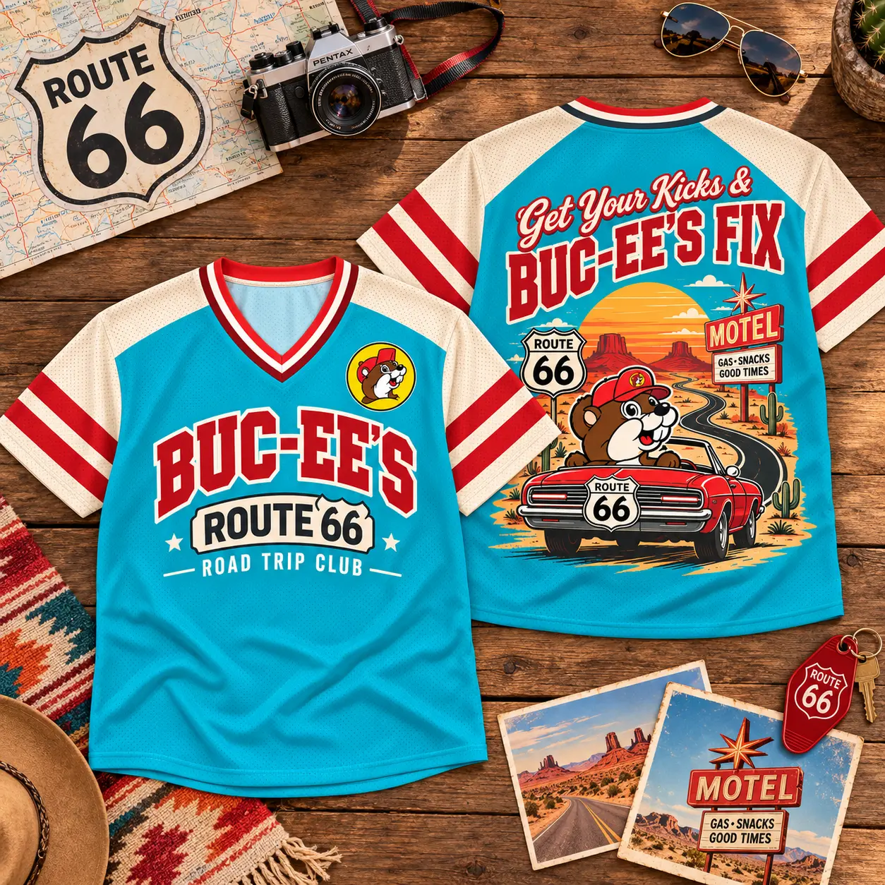 Buc-ee's Route 66 Road Trip Club V-Neck Baseball Jersey For Get Your Kicks Fans NDN flat