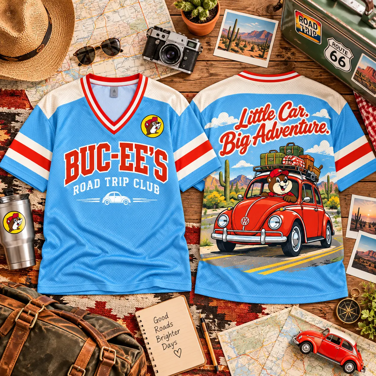 Buc-ee's Road Trip Club Beetle V-Neck Baseball Jersey For Little Car Big Adventure NDN flat