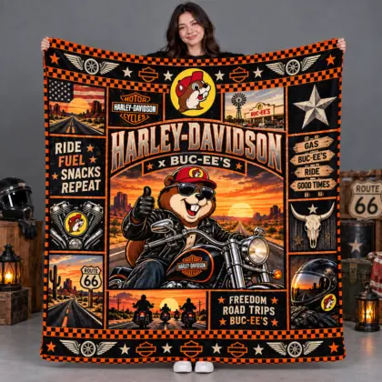 Buc-ee's Harley-Davidson Sunset Cruiser Fleece Blanket For Ride Fuel Snacks Repeat NDN flat