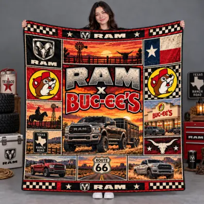 Buc-ee's RAM Texas Flag Trucks Longhorn Fleece Blanket For Route 66 Road Trips NDN flat