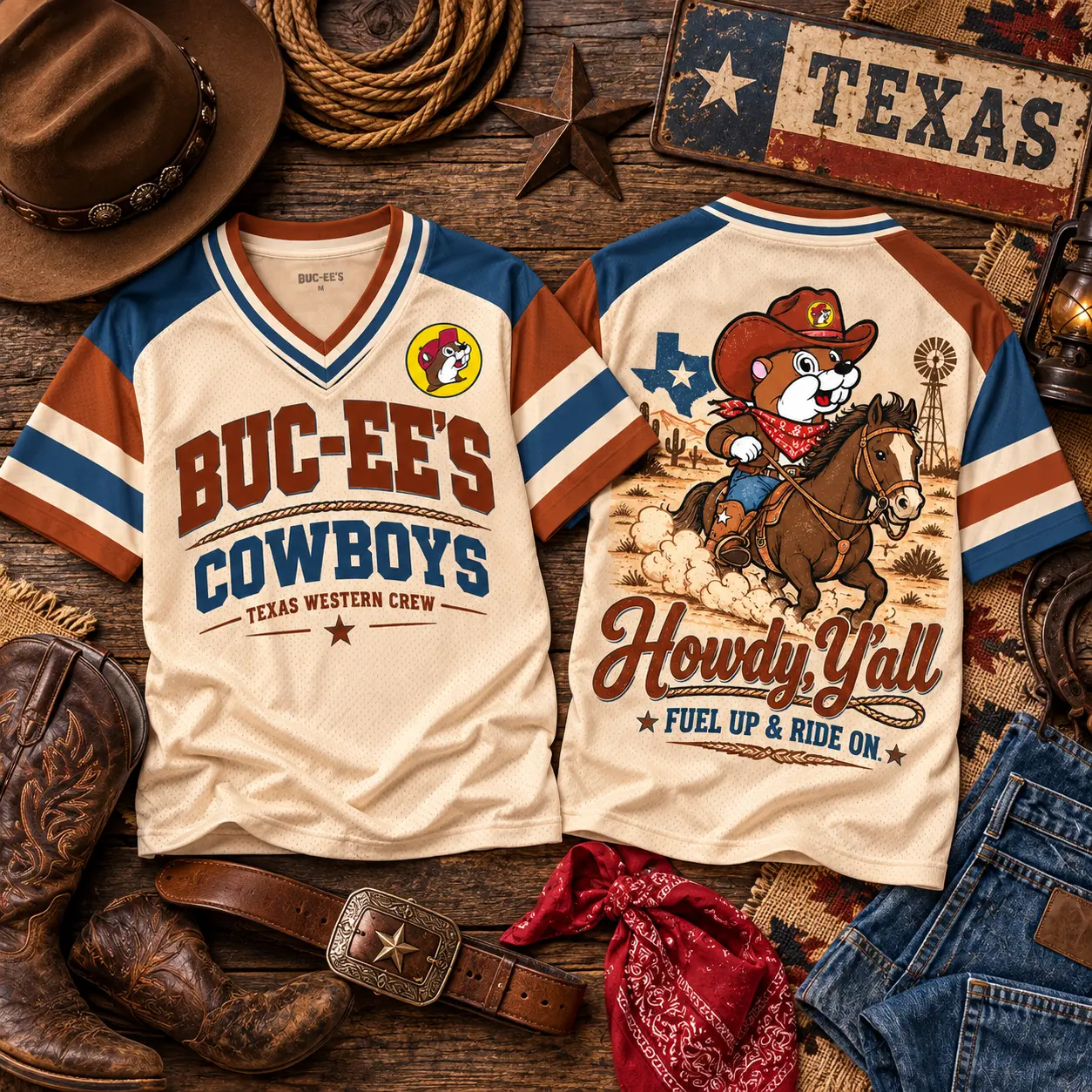 Buc-ee's Cowboys Howdy Y'all Western V-Neck Baseball Jersey For Fuel Up Ride On NDN flat