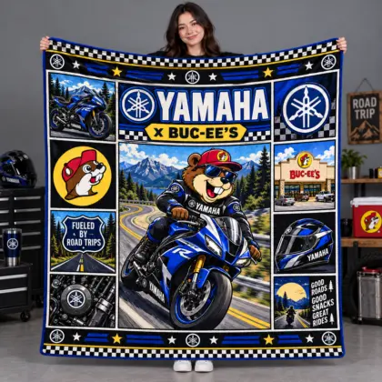 Buc-ee's Yamaha Blue Sportbike Beaver Fleece Blanket For Checkered Racing Road Fans NDN flat