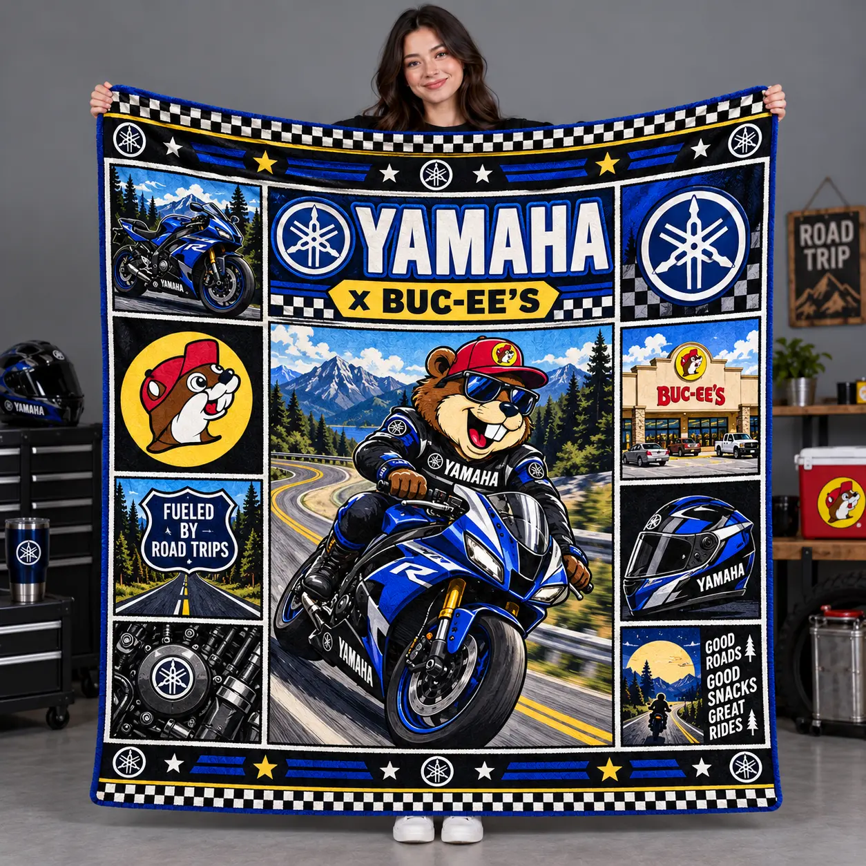 Buc-ee's Yamaha Blue Sportbike Beaver Fleece Blanket For Checkered Racing Road Fans NDN flat