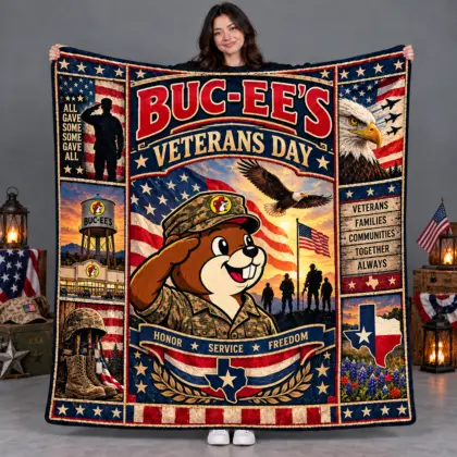 Buc-ee's Veterans Day Honor Their Service Fleece Blanket for Proud American Road Trip Fans NDN flat