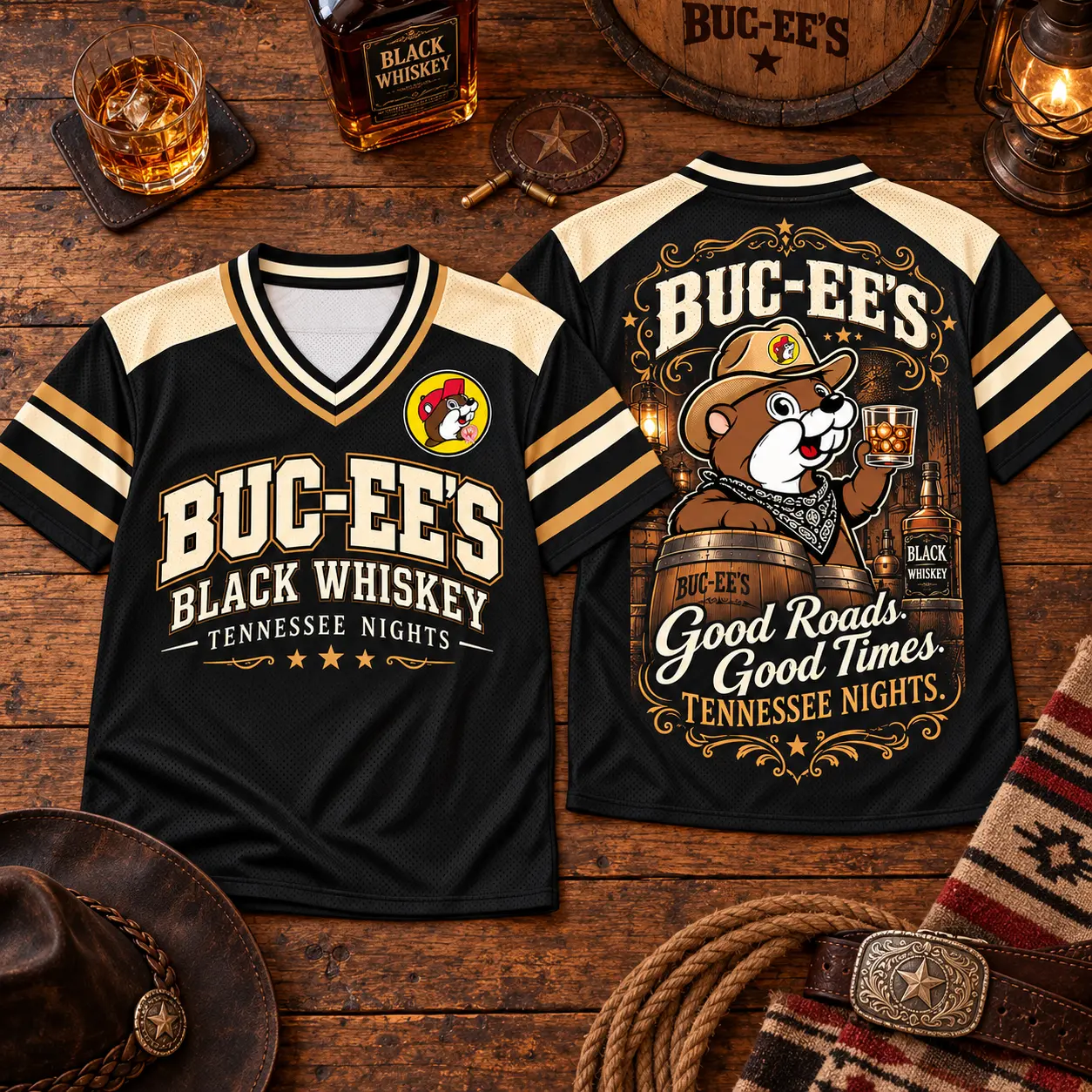 Buc-ee's Black Whiskey Tennessee Nights V-Neck Baseball Jersey For Good Roads Times NDN flat