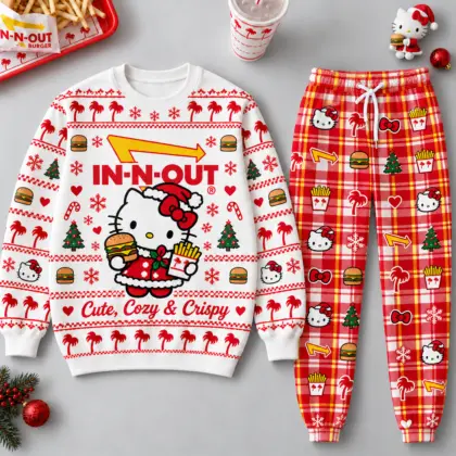 Hello Kitty Cute Cozy and Crispy IN-N-OUT Christmas Sweater and Jogger Pants Set NDN flat