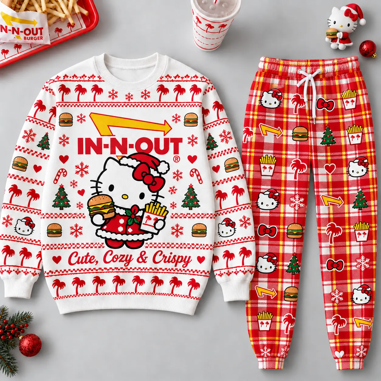 Hello Kitty Cute Cozy and Crispy IN-N-OUT Christmas Sweater and Jogger Pants Set NDN flat