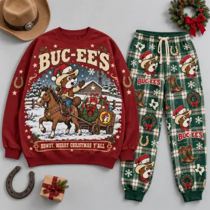 Buc-ee's Howdy Merry Christmas Y'all Western Sweater and Jogger Pants Set NDN flat