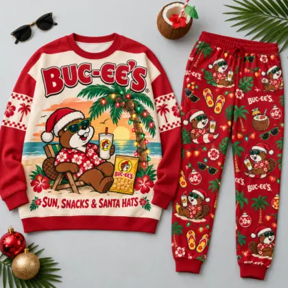 Buc-ee's Sun Snacks and Santa Hats Tropical Christmas Sweater and Jogger Pants Set NDN flat