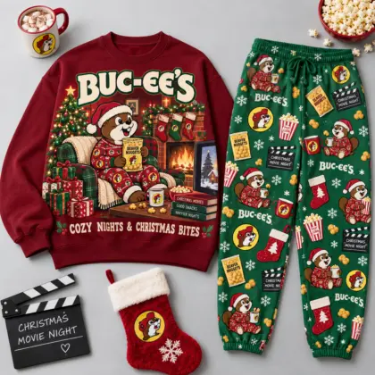 Buc-ee's Cozy Nights and Christmas Bites Red Green Sweater and Jogger Pants Set NDN flat
