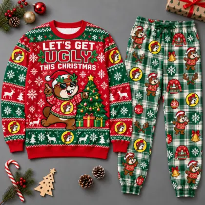 Buc-ee's Let's Get Ugly This Christmas Grinch Sweater and Jogger Pants Set NDN flat