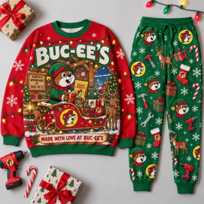 Buc-ee's Made With Love Christmas Holiday Workshop Sweater and Jogger Pants Set NDN flat