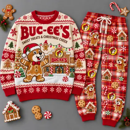 Buc-ee's Baking Up Christmas Cheer Gingerbread Sweater and Jogger Pants Set NDN flat