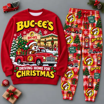 Buc-ee's Driving Home for Christmas Red Green Sweater and Jogger Pants Set NDN flat