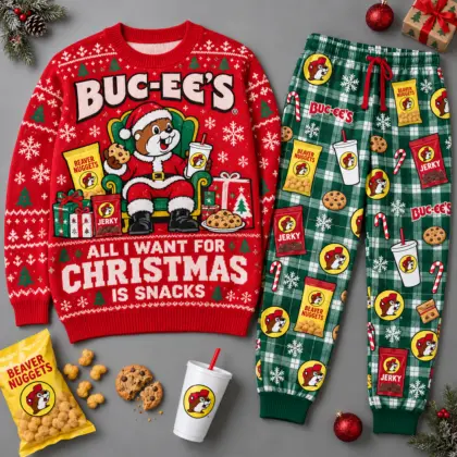 Buc-ee's All I Want for Christmas Is Snacks Sweater and Jogger Pants Set NDN flat