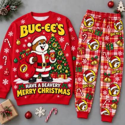 Buc-ee's Have a Beavery Merry Christmas Sweater and Jogger Pants Set NDN flat