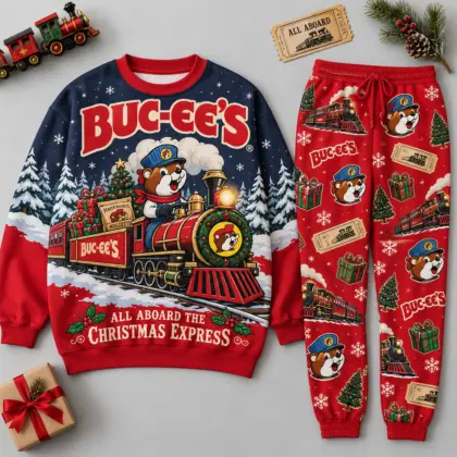 Buc-ee's All Aboard the Christmas Express Sweater and Jogger Pants Set NDN flat