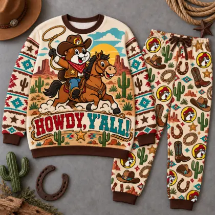Premium Buc-ee's Howdy Y'all Cowboy Graphic Sweater and Jogger Pants Set NDN