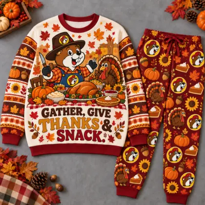 Premium Buc-ee's Gather Give Thanks and Snack Graphic Sweater and Jogger Pants Set NDN