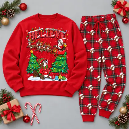 Premium Buc-ee's Believe Christmas Tree Graphic Sweater and Jogger Pants Set NDN