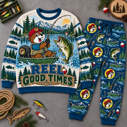 Premium Buc-ee's Reel Good Times Fishing Graphic Sweater and Jogger Pants Set NDN