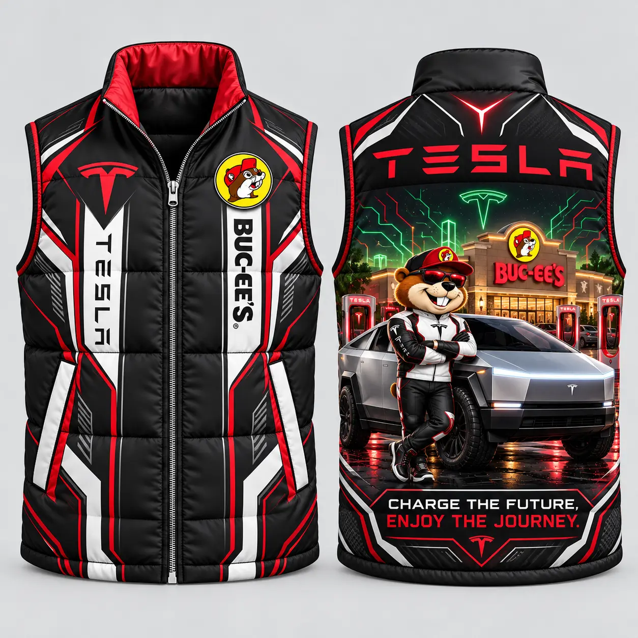 Buc-ee's Tesla Black Red Silver Vest Sleeveless Puffer Vest Jacket NDN flat