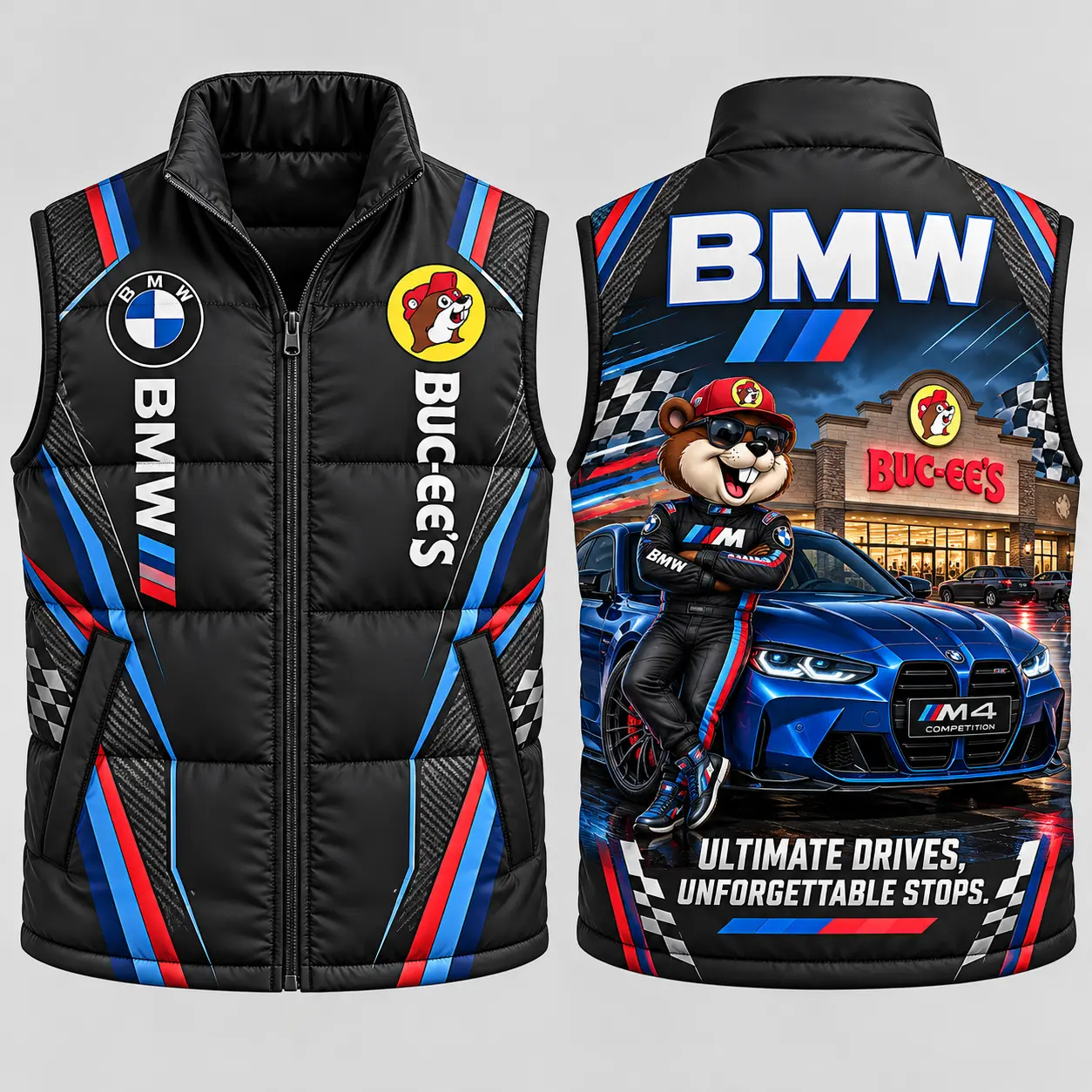 Buc-ee's BMW Black Vest With Bmw Sleeveless Puffer Vest Jacket NDN flat