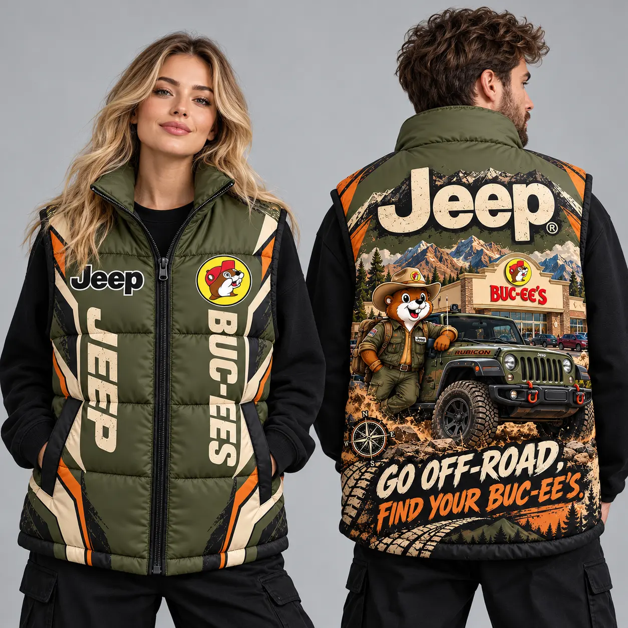 Buc-ee's Jeep Olive Vest Sleeveless Puffer Vest Jacket NDN worn