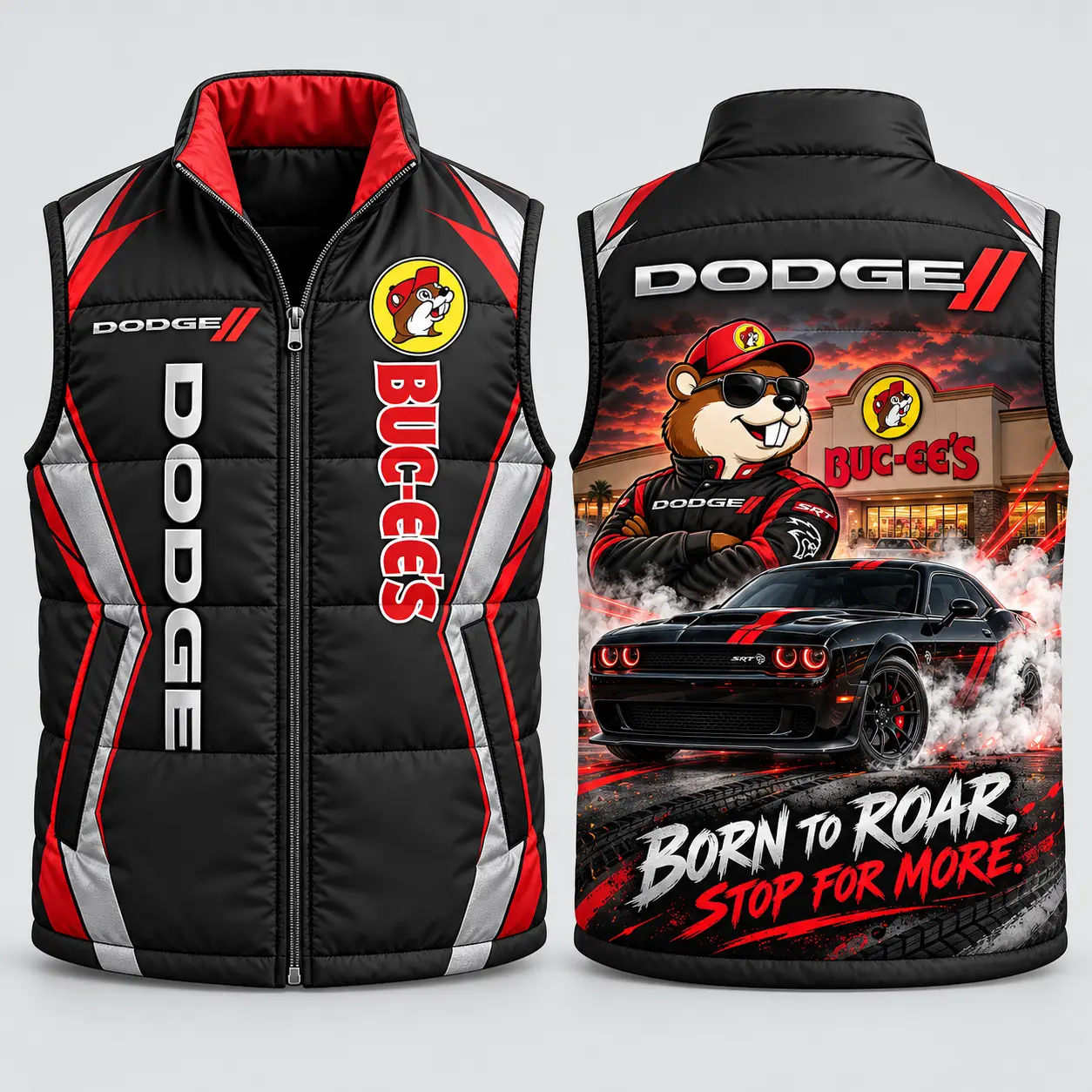 Buc-ee's Dodge Black And Red Vest Sleeveless Puffer Vest Jacket NDN flat