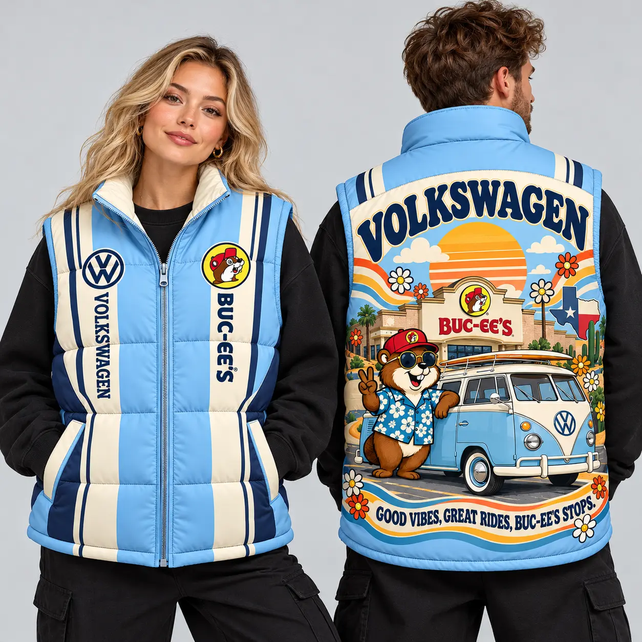 Buc-ee's Volkswagen Light Blue And Cream Sleeveless Puffer Vest Jacket NDN worn