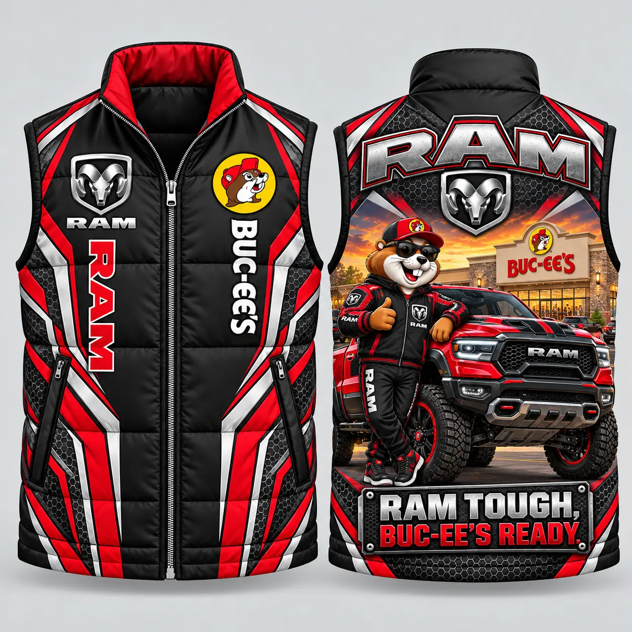 Buc-ee's Ram Black And Red Vest Sleeveless Puffer Vest Jacket NDN flat