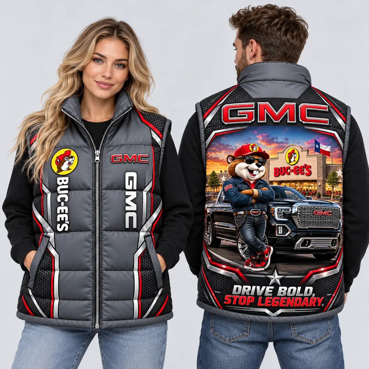 Buc-ee's GMC Gray And Black Vest Sleeveless Puffer Vest Jacket NDN worn