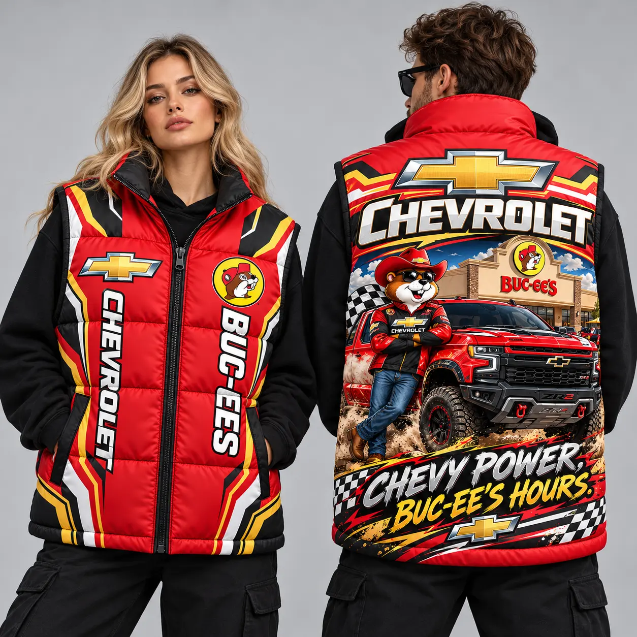Buc-ee's Chevrolet Red And Black Vest Sleeveless Puffer Vest Jacket NDN worn