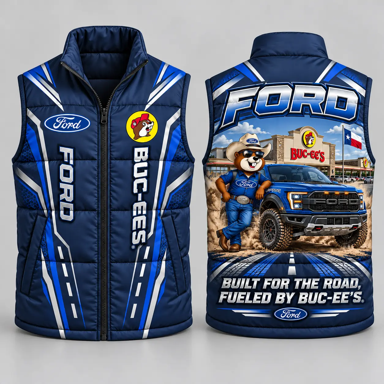 Buc-ee's Ford Blue Vest Sleeveless Puffer Vest Jacket NDN flat