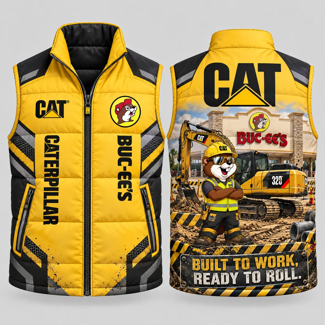 Buc-ee's Caterpillar CAT Yellow And Black Vest Sleeveless Puffer Vest Jacket NDN flat