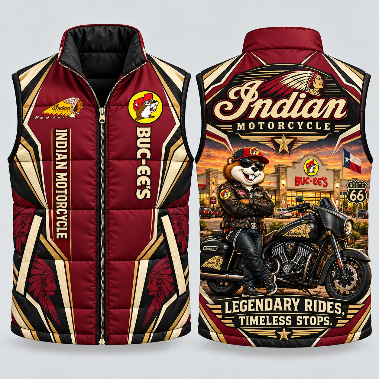 Buc-ee's Indian Motorcycle Burgundy And Gold Vest Sleeveless Puffer Vest Jacket NDN flat