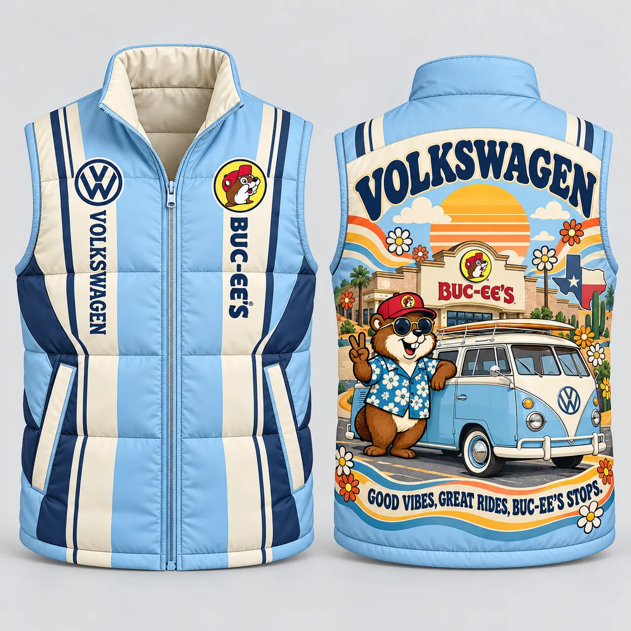 Buc-ee's Volkswagen Light Blue And Cream Sleeveless Puffer Vest Jacket NDN flat