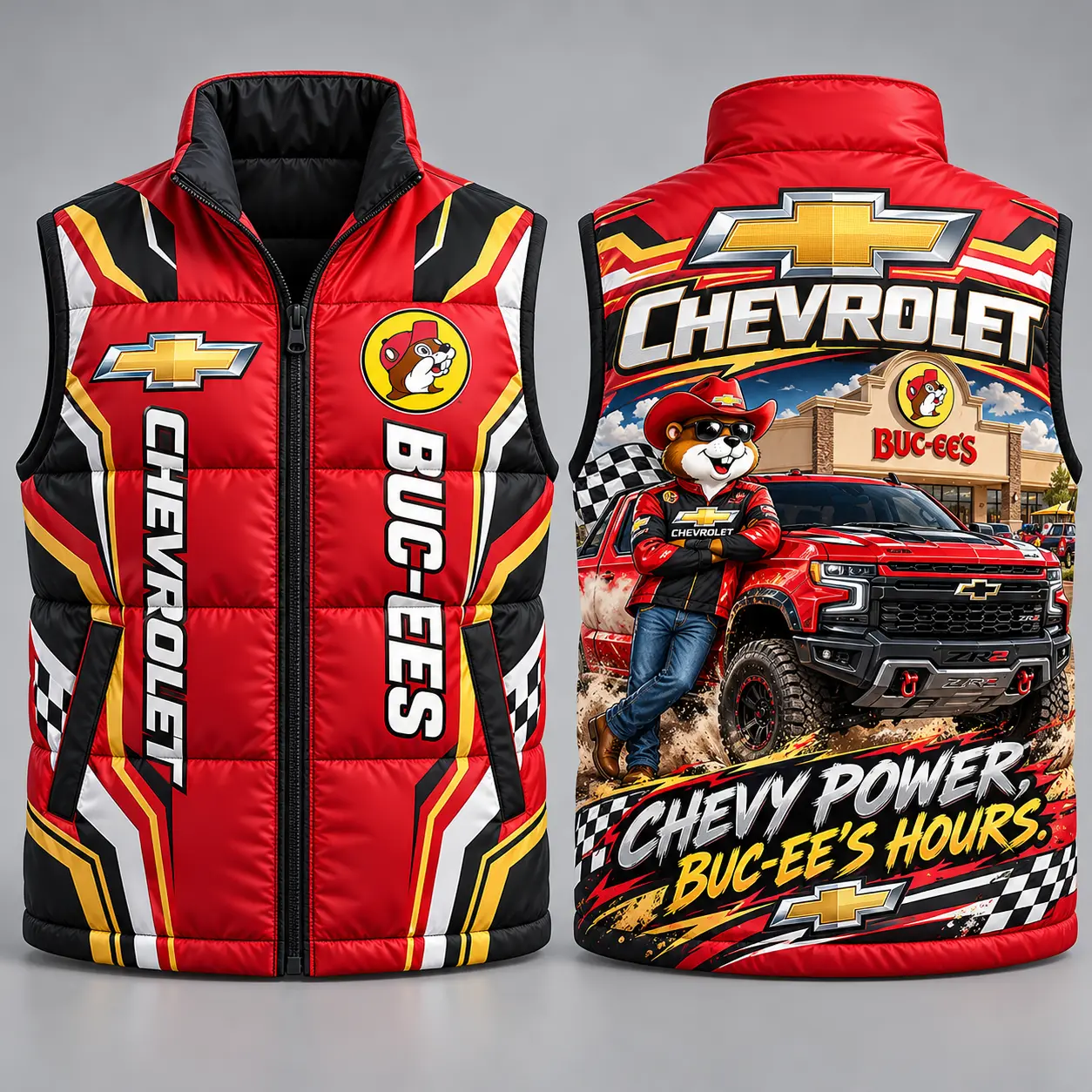 Buc-ee's Chevrolet Red And Black Vest Sleeveless Puffer Vest Jacket NDN flat