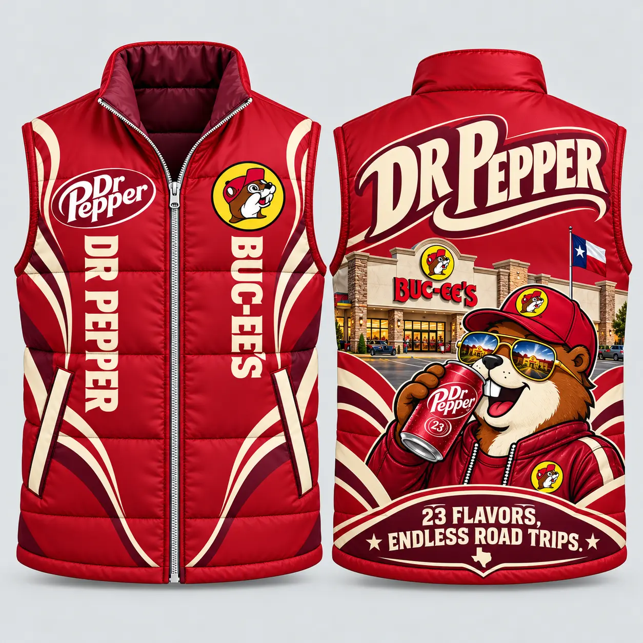Buc-ee's Dr Pepper Red White Vest Sleeveless Puffer Vest Jacket NDN flat
