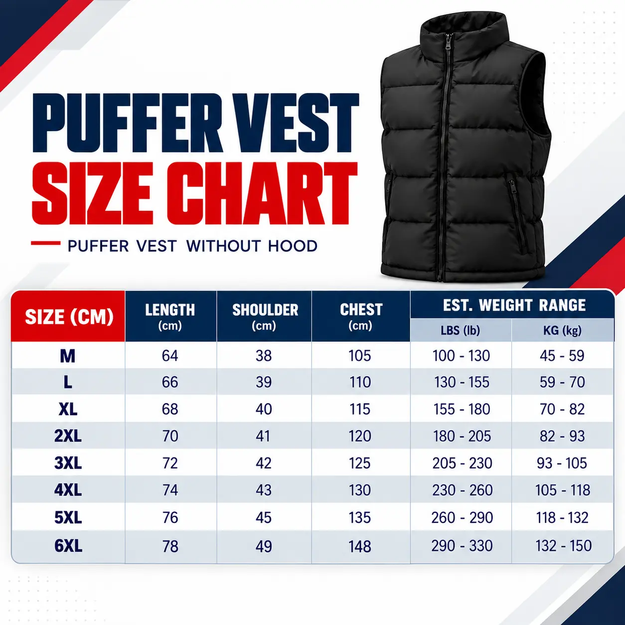 Puffer vest sizes M to 6XL