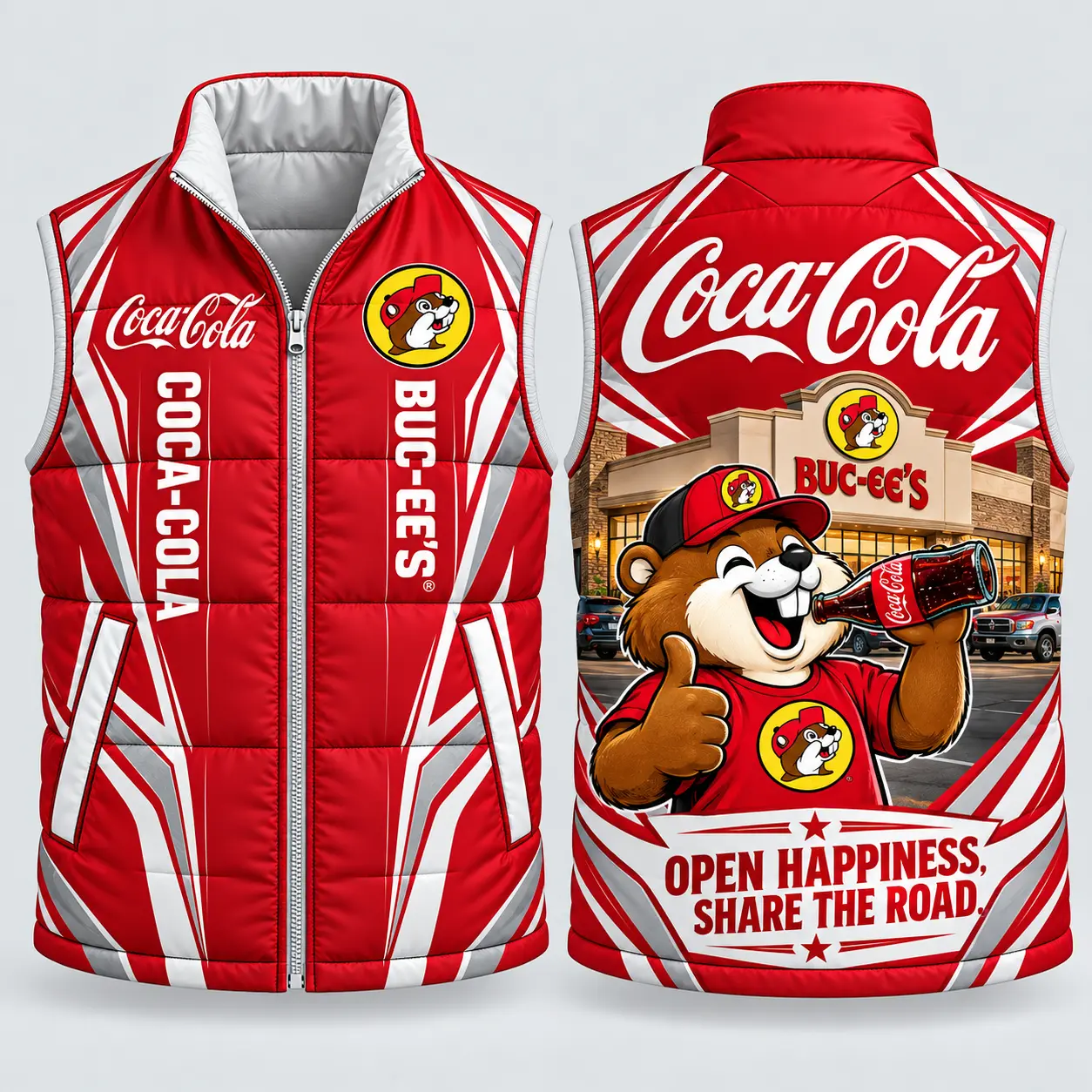 Buc-ee's Coca-Cola Red White Vest Sleeveless Puffer Vest Jacket NDN flat