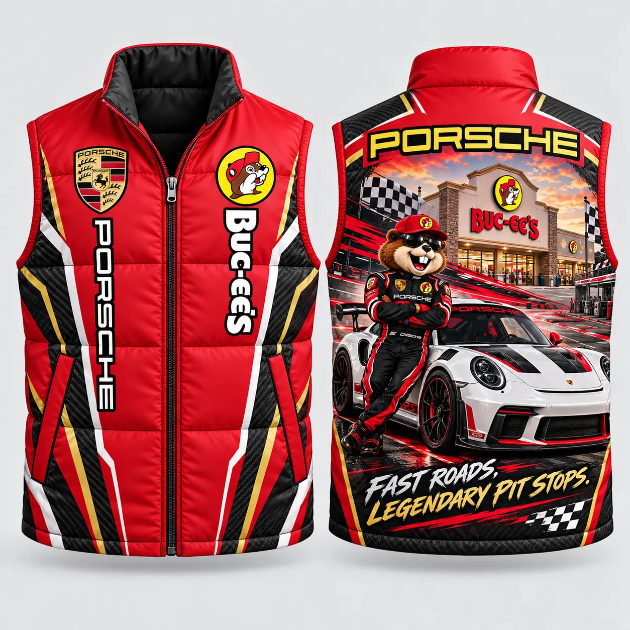 Buc-ee's Porsche Red Vest Sleeveless Puffer Vest Jacket NDN flat