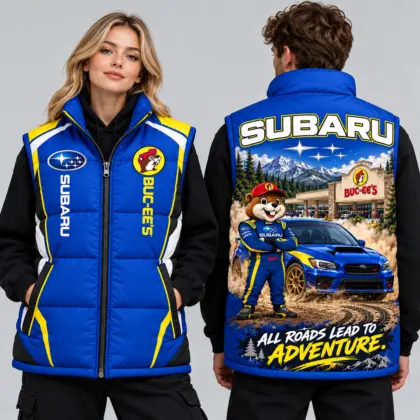 Buc-ee's Subaru Blue Vest With Yellow Sleeveless Puffer Vest Jacket NDN worn