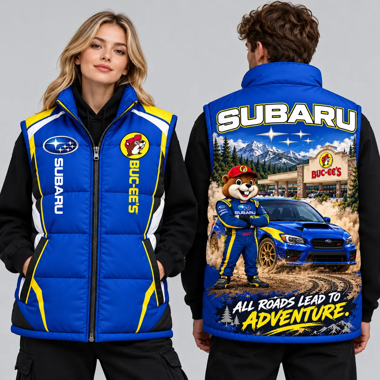 Buc-ee's Subaru Blue Vest With Yellow Sleeveless Puffer Vest Jacket NDN worn