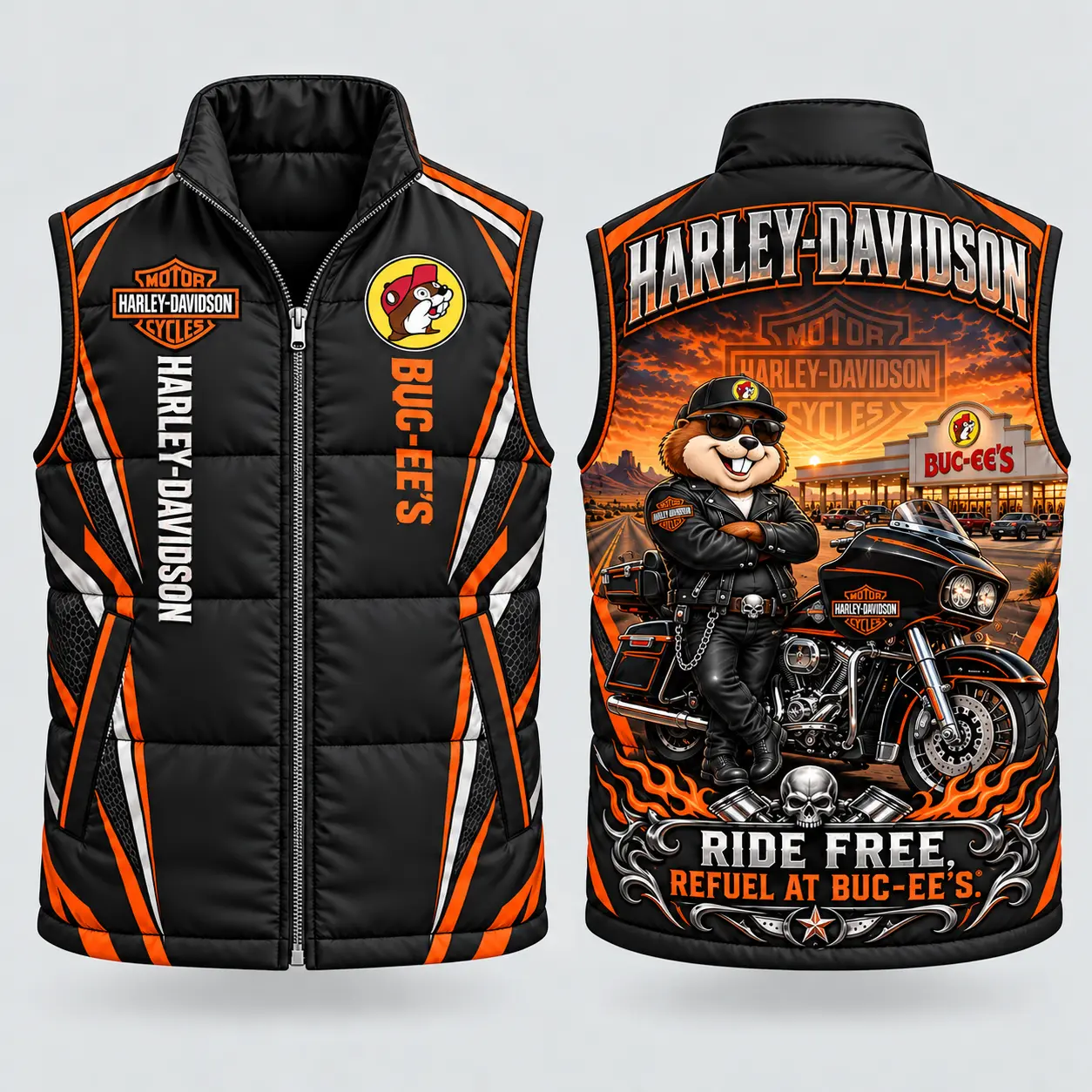 Buc-ee's Harley-Davidson Black Orange Vest Sleeveless Puffer Vest Jacket NDN flat