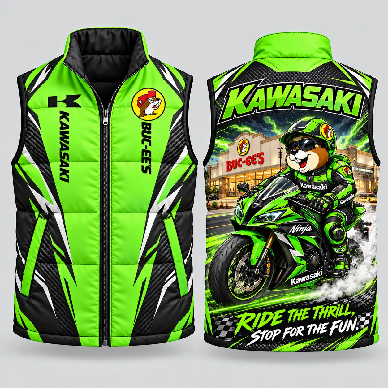 Buc-ee's Kawasaki Neon Green And Black Sleeveless Puffer Vest Jacket NDN flat