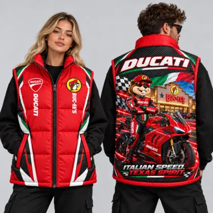 Buc-ee's Ducati Red Black Vest Sleeveless Puffer Vest Jacket NDN worn
