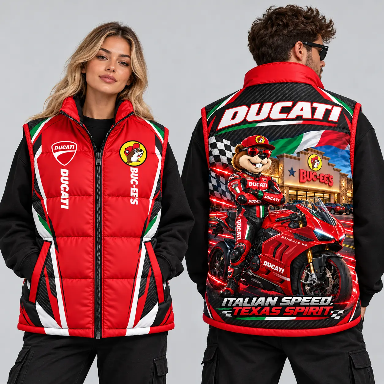 Buc-ee's Ducati Red Black Vest Sleeveless Puffer Vest Jacket NDN worn