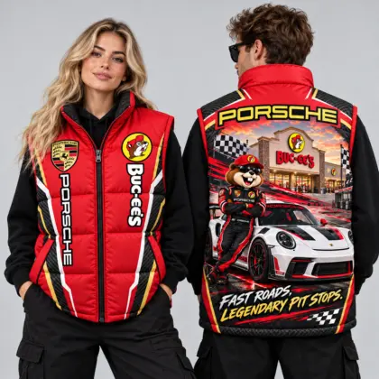 Buc-ee's Porsche Red Vest Sleeveless Puffer Vest Jacket NDN worn